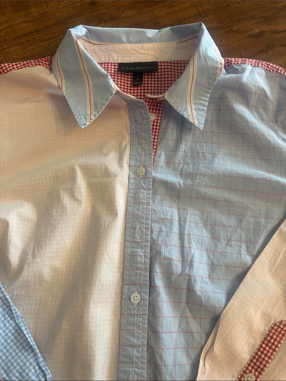 Lane Bryant Patchwork Button-Down Shirt in Light Blue, White & Red Gingham - Picture 3 of 7